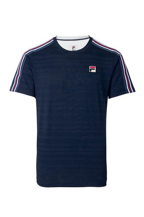 Top De Gola Redonda Fila Homem Azul Marinho/Branco/Vermelhas - Fila Heritage Tennis Striped Portugal